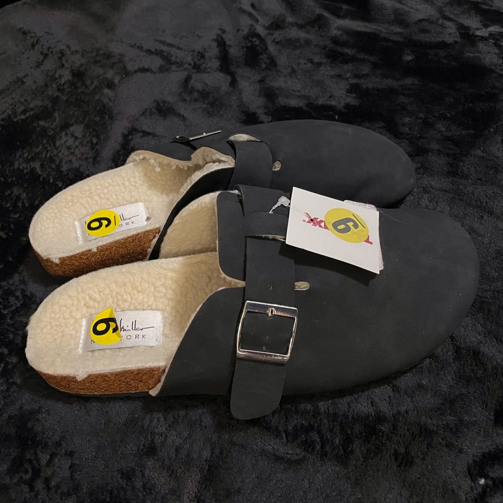 Black suede clog slippers